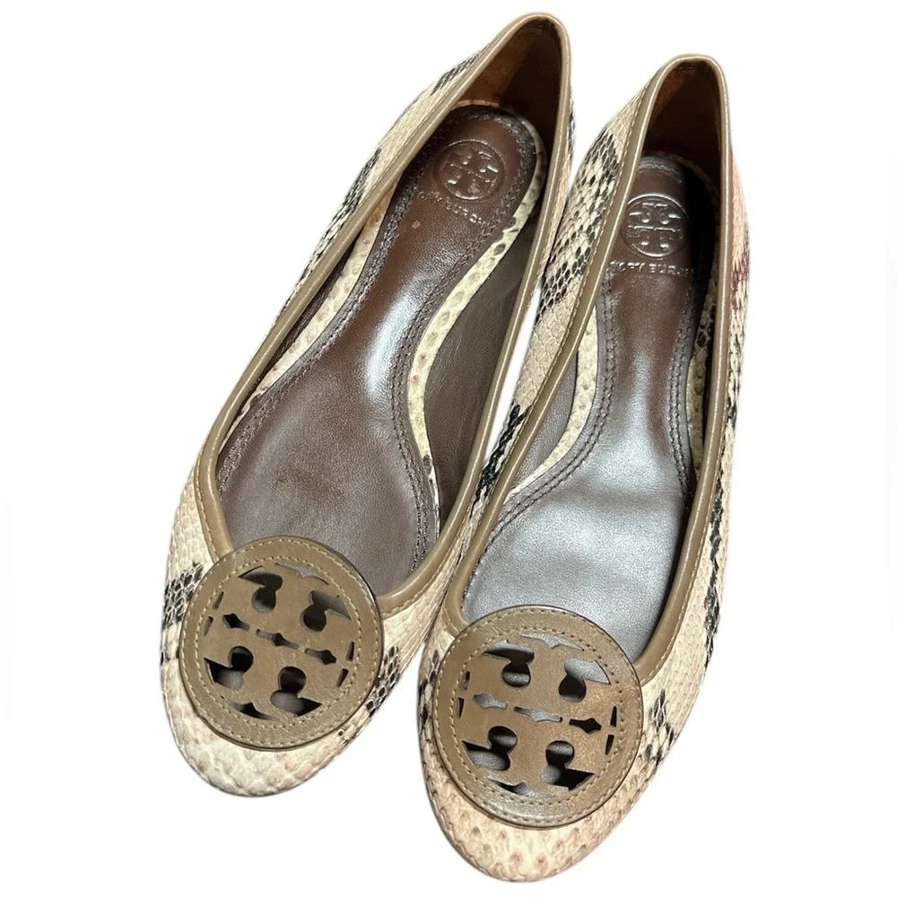 Tory Burch Louisa Python Brown Beige Black Snake Print Logo Ballet Flat Size 6.5